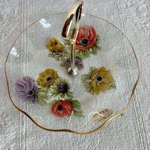 Chance Pilkington Poppy Fluted Edge Clear Glass Gilt Rim Relish Dish with Handle